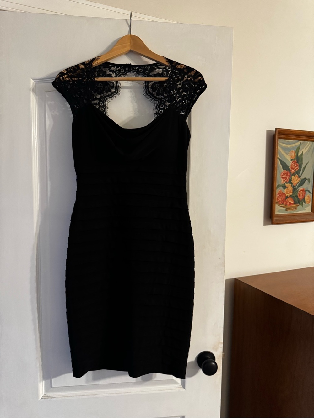 Xscape Black Lace Cap Sleeve Bandage Cocktail Dress